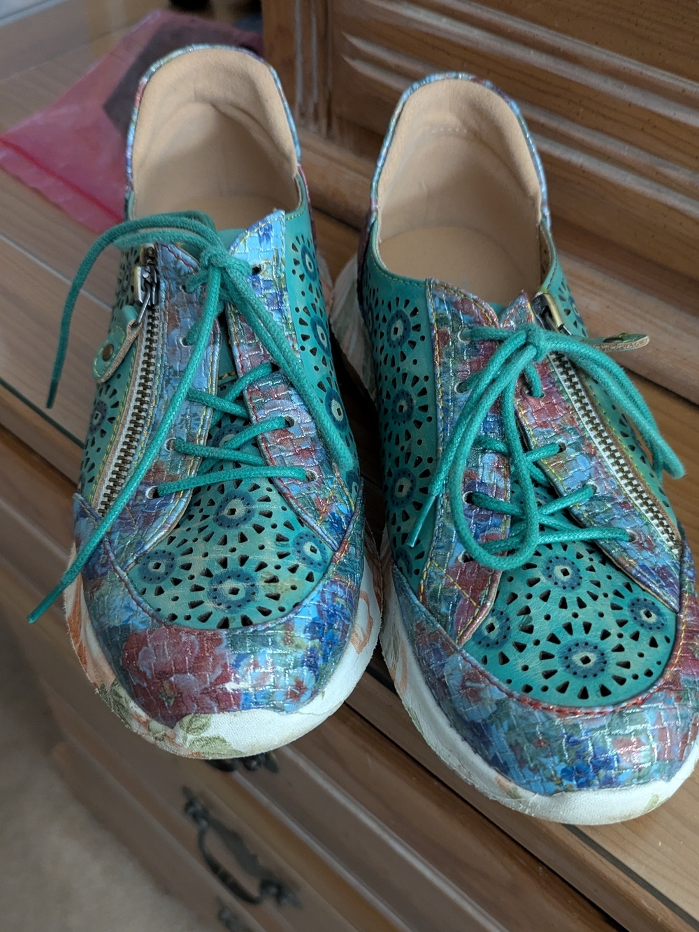 Spring Step Teal Perforated Lace-Up Sneakers with Multicolor Accents